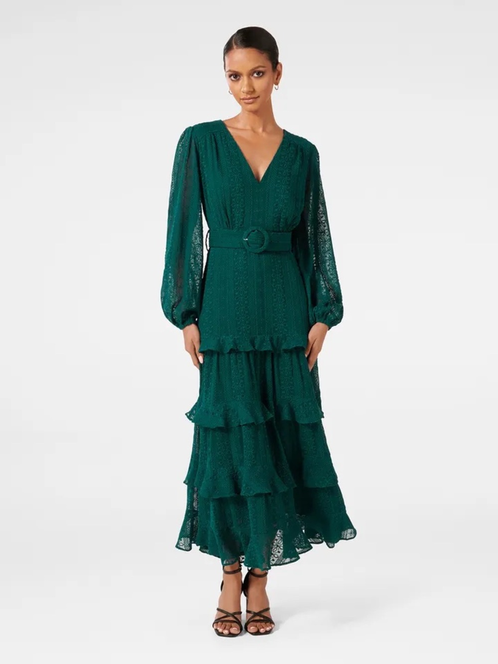 EverNew Floral Embroidered Puff Sleeve Layered Lace Fit Flare Maxi Dress- Size 4